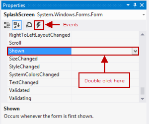 SplashScreen.cs form, click on Events